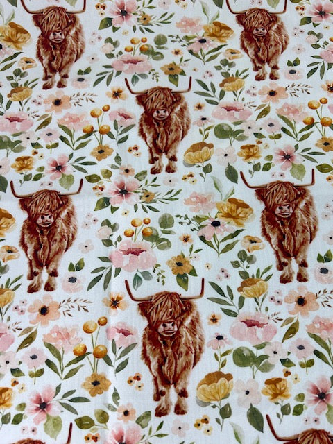 Blossom Highland Cow 100% Cotton, Cate & Rainn Blossom Highland Cow Cotton Fabric, Quilting Cotton