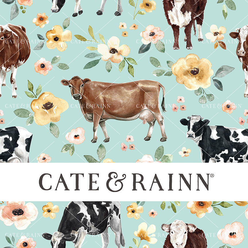 Cate and Rainn Sunrise Floral Cows Blue Fabric