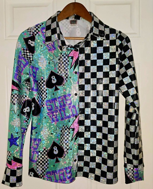 Custom rodeo shirt 8 sewn from Shatterglass holographic knit fabric