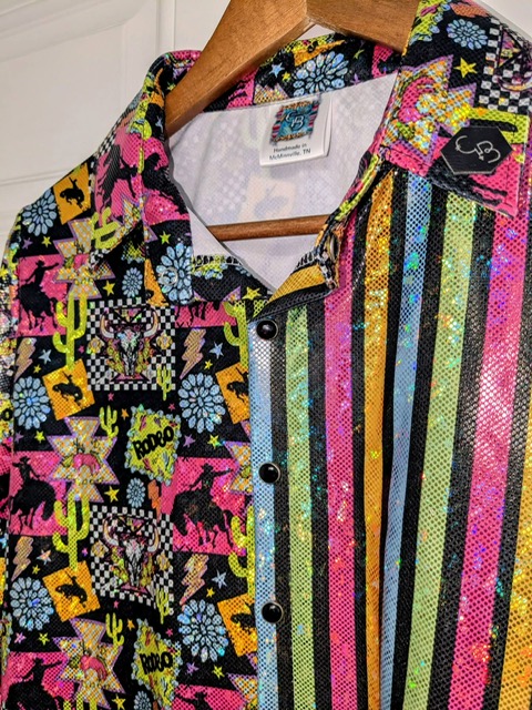 Custom rodeo shirt 7 sewn from Shatterglass holographic knit fabric