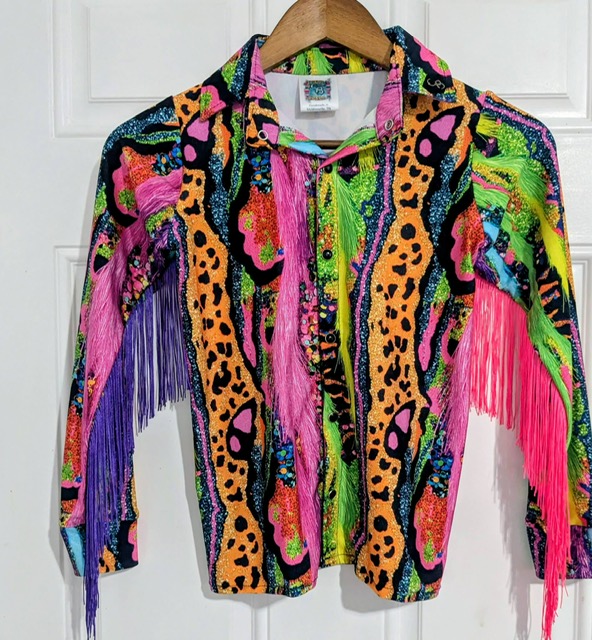 Custom rodeo shirt 1 sewn from Shatterglass holographic knit fabric