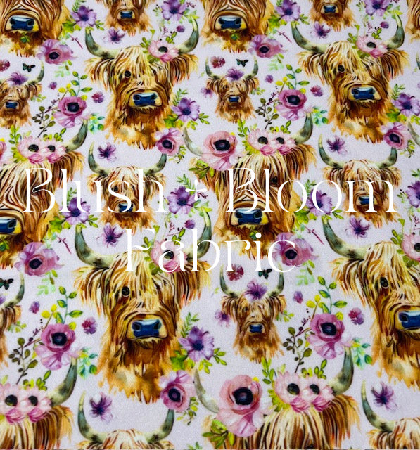 Highland Cows Floral Spring Watercolor Brushed Twill Fabric