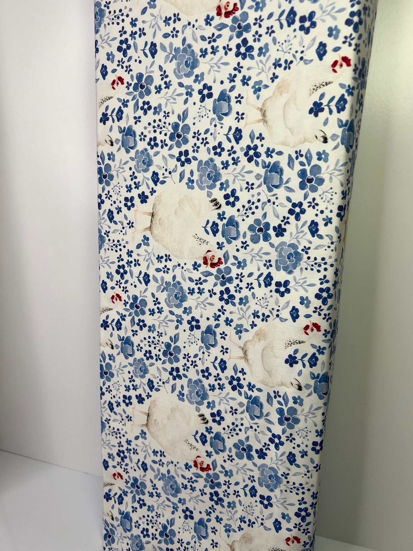 Floral Blue Chickens 100% Cotton, Cate & Rainn Farm & Meadows Country Chickens Cotton Fabric
