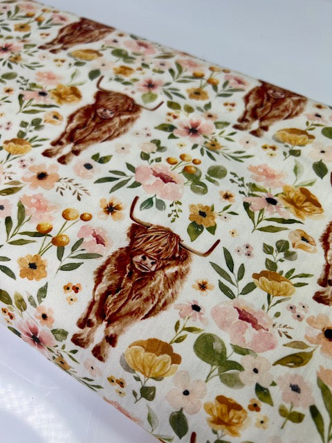 Blossom Highland Cow 100% Cotton, Cate & Rainn Blossom Highland Cow Cotton Fabric, Quilting Cotton