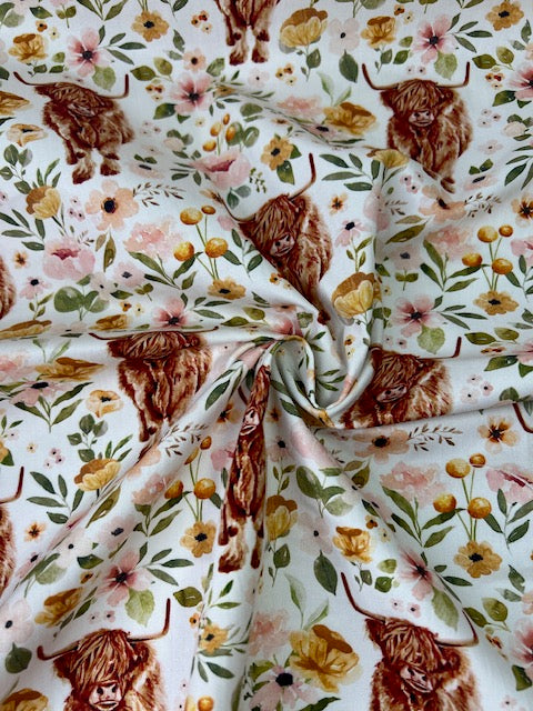 Blossom Highland Cow 100% Cotton, Cate & Rainn Blossom Highland Cow Cotton Fabric, Quilting Cotton