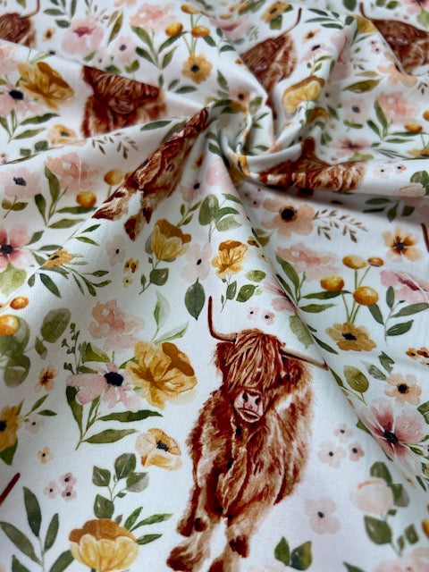 Blossom Highland Cow 100% Cotton, Cate & Rainn Blossom Highland Cow Cotton Fabric, Quilting Cotton