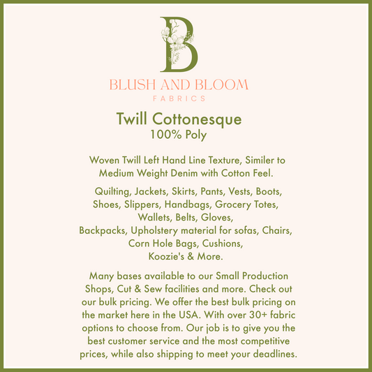 Twill Cottonesque Wholesale Fabric, Large Production Fabric Printing, Custom Fabric Bulk Pricing 10+ Yards
