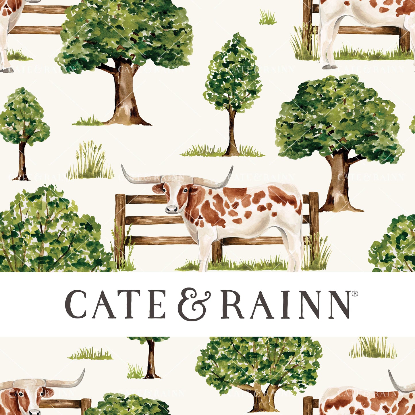 Cate & Rainn Farm & Meadow Countryside Texas Longhorn Cow Fabric
