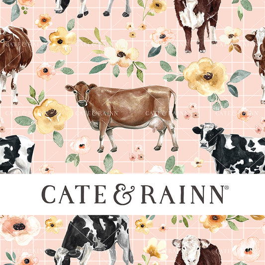 Cate and Rainn Sunrise Floral Cows Pink Pinstripe