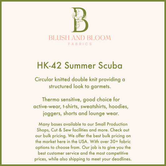 HK 42 Summer Scuba, Large Production Fabric Printing, Custom Fabric Bulk Pricing 10+ Yards